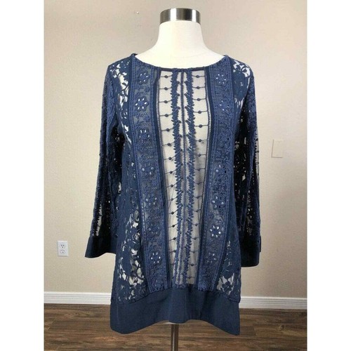 SUNDANCE CATALOG Tunic Top XS Lace Crochet Long Sleeve Blue Sense of