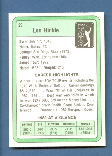 Donruss PGA 1981 Golf Stars #29 Lon Hinkle Dallas Texas Aztecas tarjeta como nueva - Imagen 2 de 2