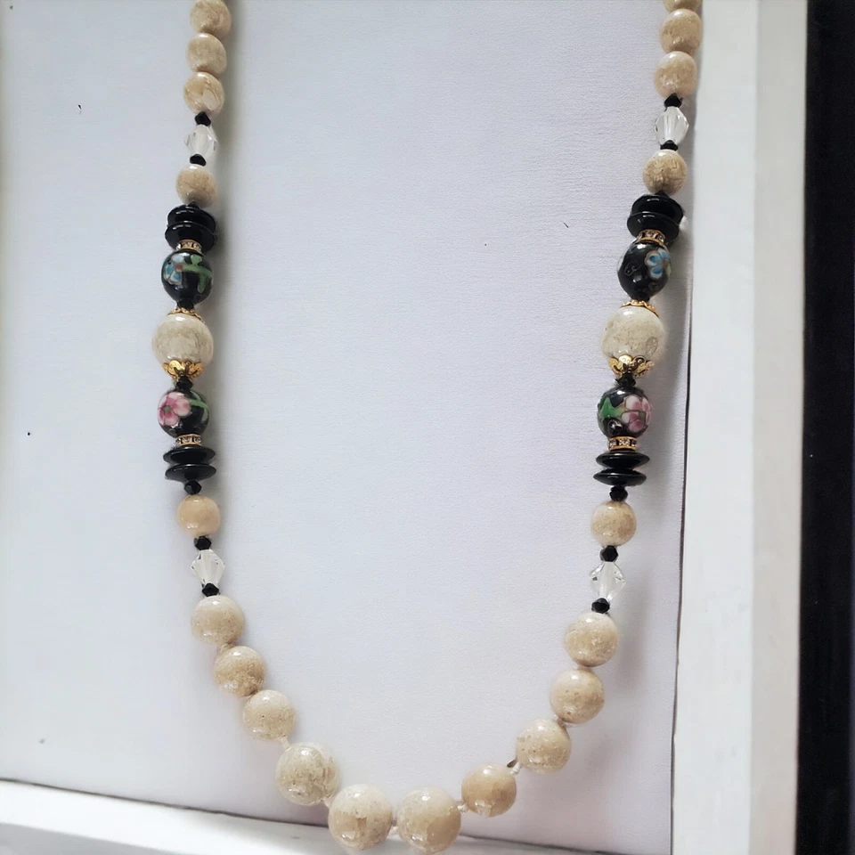 Vintage Jasper Beaded Necklace 1970s Chinese Cloisonne Onyx and Crystal  32in - Imagem 3 de 4