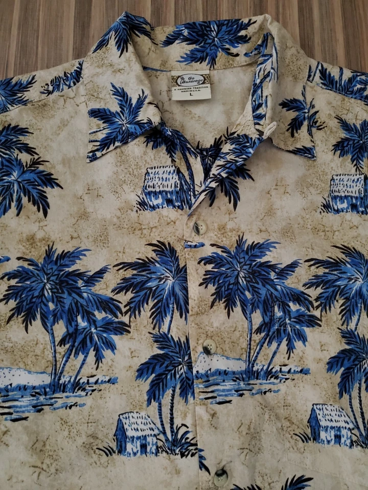 Camisa Tropical Hawaiana Para Hombre GO BAREFOOT Hawaiana Grande Azul Amarillo Playa L Y2K Foto 3 de 3