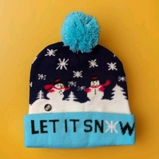 Lights Up Christmas Beanie Hat Cap Knit 3 Settings Adult NEW Frosty The Snowman