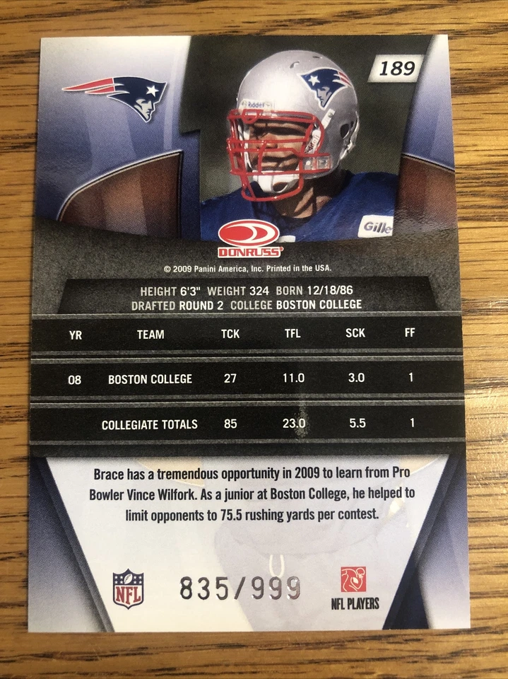 Ron Brace RC 2009 Gridiron Gear /999 Patriots #189  *7063* - Image 2 of 2