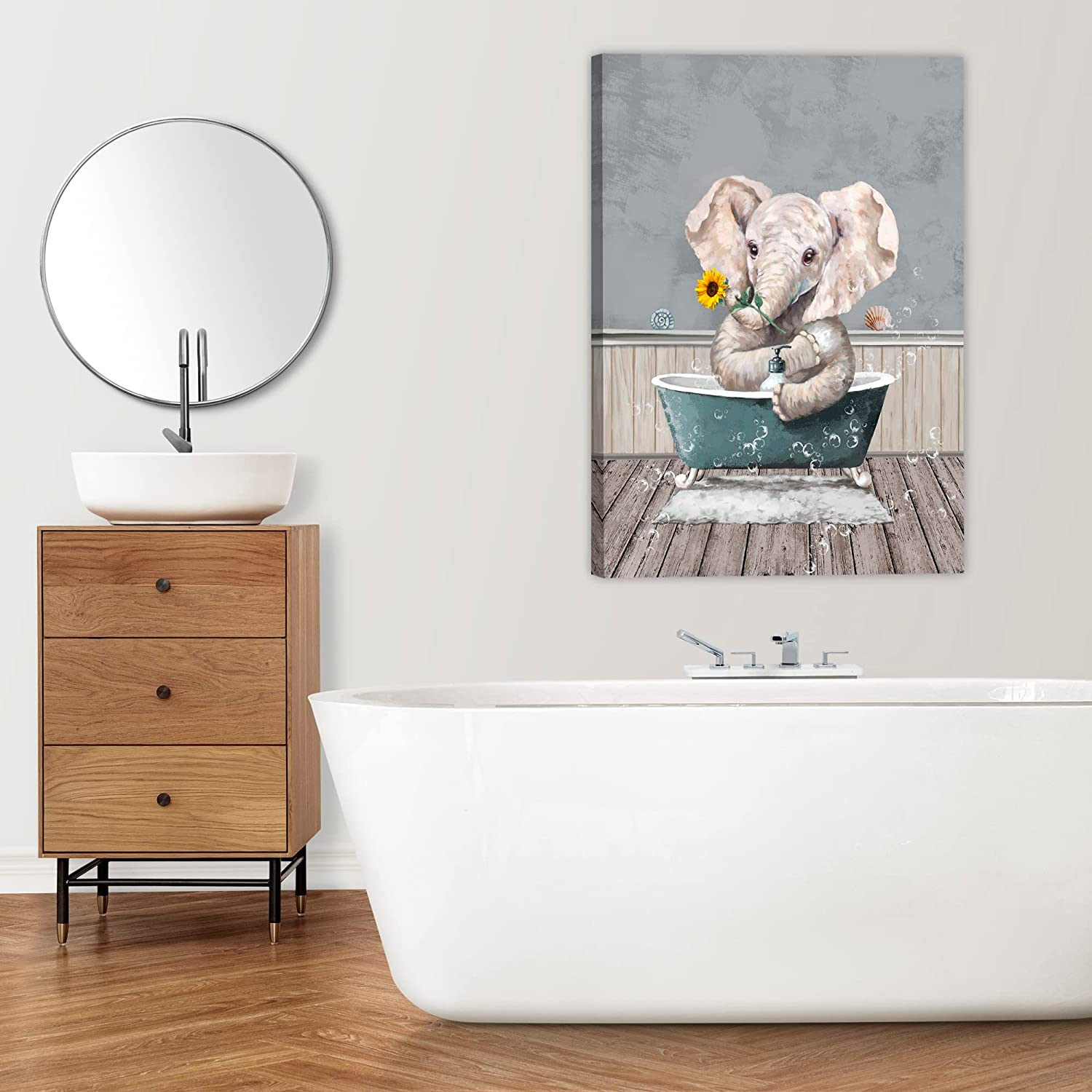 Funny Sunflower Elephant Bathroom Decor, Cute Elephant in Bathtub Wall