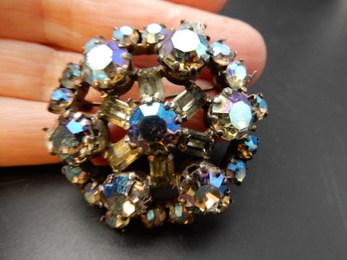 Broche Vintage Années 60 - Strass Blanc Et Vert - Environ 4 Cm - Occasion