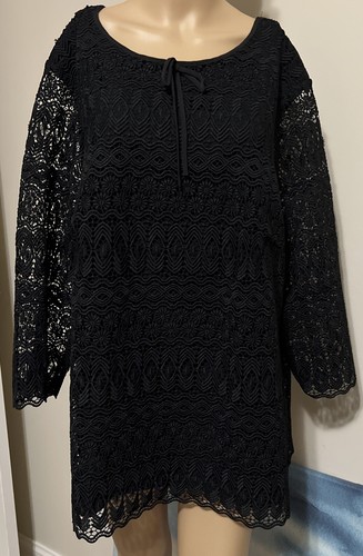 Talbots 2X Plus Black 3/4 Sleeve Lined Tunic Back Keyhole Blouse