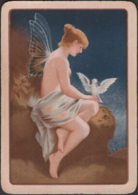 Playing Cards Single Card Old Antique Wide * ANGEL GIRL + DOVE BIRD Art Picture