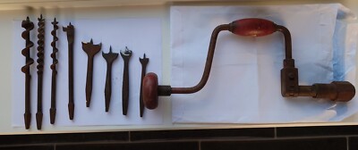 Antiker Tischler Hand Klammer Bohrer & 8 Bohrer