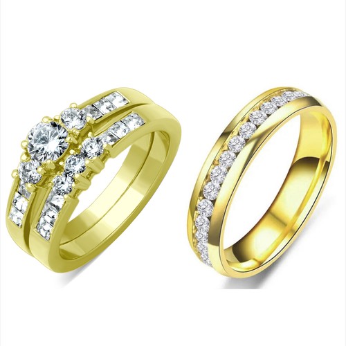 3 PC Couple Ring Set Womens Stainless Steel Wedding Ring Mens CZ all around Band - Picture 26 of 33