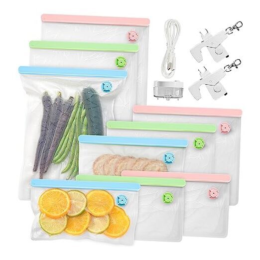 9 Pack of reusable vacuum seal bags for food, Family-W/USB cable Multi