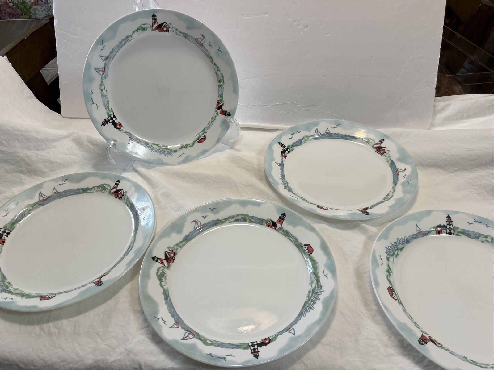 Juego de 5 platos de cena Corelle Outer Banks faro playa náutica como nuevo 10,25