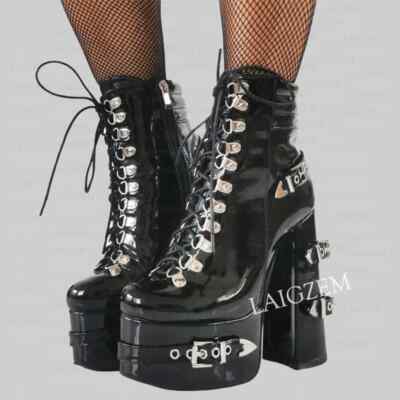 Women Ankle Boots Buckles Platform Round Toe Thick High Heels Boots Punk Handmad