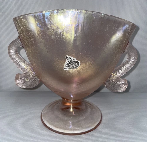 Fenton Velva Rose Pink Stretch Glass Fan Vase Double Coy Fish Handles Iridescent