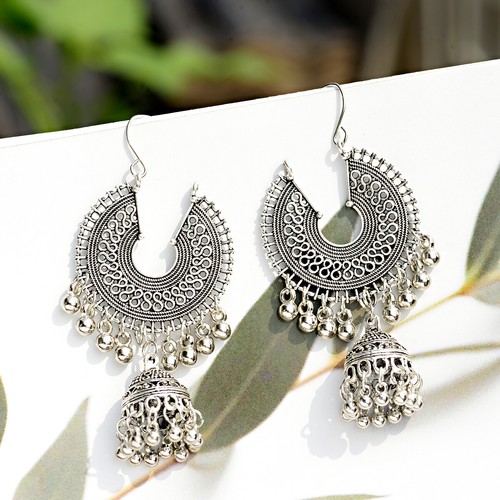 Moda Mujeres India Jhumki Cuentas de Plata Adorno Estilo Sudeste Asiático - Imagen 3 de 12