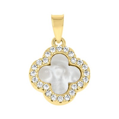 925 Sterling Silver Yellow-Tone CZ White Enameled Clover Good Luck Pendant