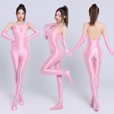 Women Shiny Glossy Satin Jumpsuit Backless Catsuit Zipper Crotch Bodysuit Gloves