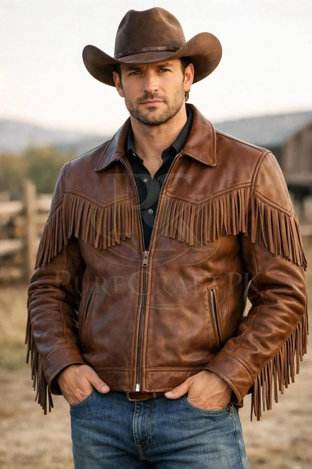 Men's Brown Real Leather Fringe Jacket Western Cowboy Country Style Leather Coat