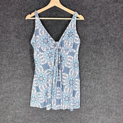 Nicole Miller Tankini Top Women M Medium Blue Geometric V-Neck Push Up Swimwear