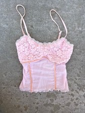 Y2K Pink Sheer Lace Mesh Corset Style Cami Tank Top XS Coquette Girly Fairycore