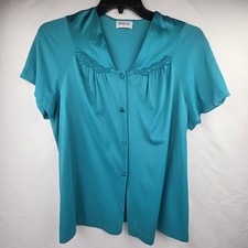 Vintage Vanity Fair Teal Lounge Pajama Set L Short Sleeve Button Front