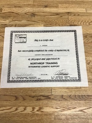 1988 Northrop Training Certificate Of Completion Aircraft Familiarization A-2