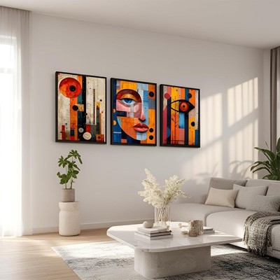 Arte de Pared Rostro Abstracto Mid Century Modern Set de 3 Boho Line Art Decorac
