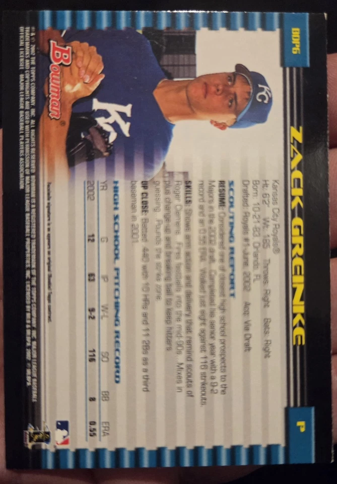 Tarjeta de novato firmada por Bowman Zack Greinke 2002 primer año autógrafo de la realeza Foto 2 de 2