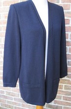 St John Knit Basics Navy Blue Long Jacket Cardigan Open Front Scalloped Size 8