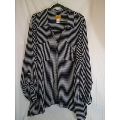 Ruby Rd Woman 3X Tunic Top Blue Gray Stripe Roll Tab Sleeve Button Up Blouse