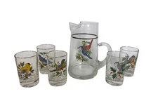 West Virginia Glass American Songbirds Painted Pitcher + 5 glasses Gold Trim