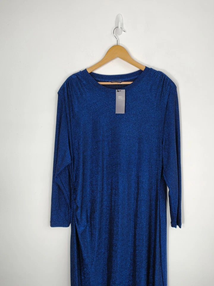 M&S Size 22 Blue Dress Sparkly Long Sleeve Stretchy Calf Length New with Tags - Image 3 of 4