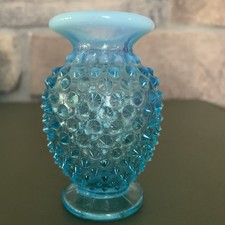 Vintage Old Fenton Blue Opalescent Hobnail Glass Small Vase 3.75  