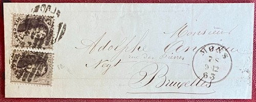 1863 2X 10c Mons a Bruselas Bélgica Cubierta Clásica Ver Fotos - Imagen 2 de 7