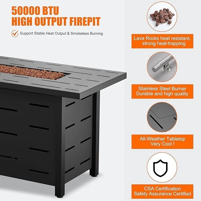 Mesa de fogata de gas propano para exteriores de 43 pulgadas 50.000 BTU con tapa, certificado CSA Foto 4 de 4