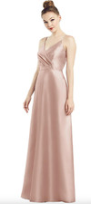 NWT Alfred Sung D776 Draped Wrap Satin Maxi Dress w/ Pockets Toasted Sugar $215