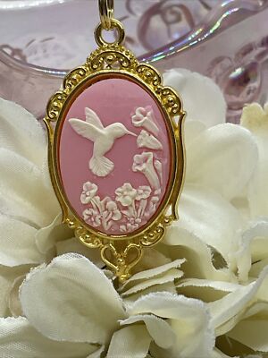 PINK Hummingbird Necklace Heart  Cameo Mom Daughter Gold wedding JEWELRY Easter