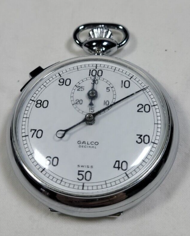 Vintage Galco Swiss Decimal Pocket Stopwatch Timer Silver Chrome Works