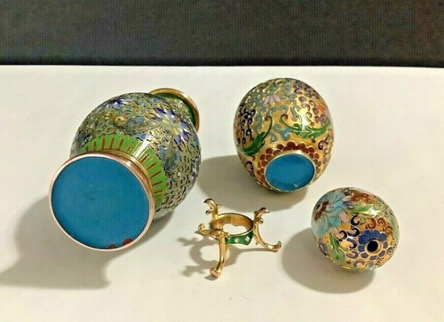 Lot 3 Vintage Chinese CLOISONNE Champleve 3-1/8” Tall Egg w/Stand & Two Vases - Picture 9 of 9