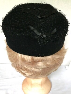 RITZ Vintage Wool Pill Box Black Embellished Hat Ritz Henry Pollak-40s/50s Vintage, Black, Wool, Satin Trim  main image 2