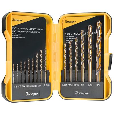 15Pcs Cobalt Drill Bit Set M35 High Speed Steel Metal Jobber Length ...