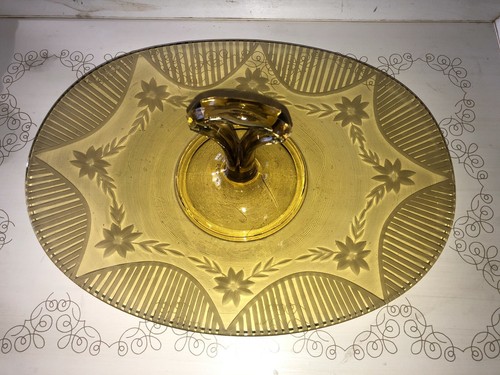 Vintage Amber Yellow Gold Depression Glass Tidbit Tray Dish Etched Oval Handle - Picture 2 of 3