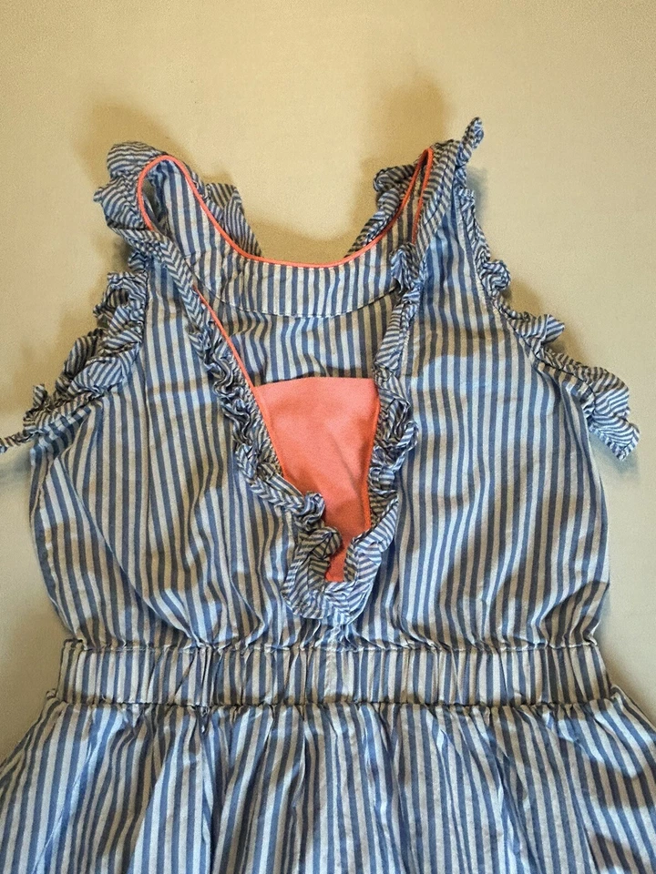 Crewcuts Girls Blue White Stripe Dress Ruffle Pink V Back Size 10 Lined Bottom - Image 4 of 4