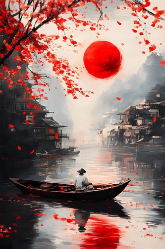 Ancient Japanese Mystical Asian Landscape Wall Art Painting Print, Zen Samurai - Picture 3 of 13