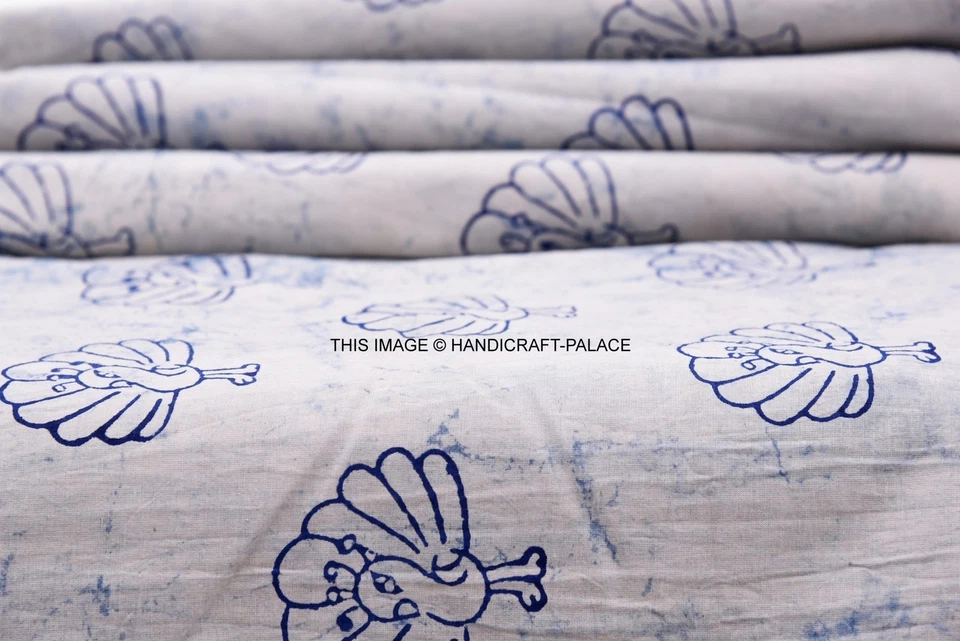 HANDMADE 2.5 YARD HANDMADE INDIGO BLUE SEWING BOHO BLOCK PEACOCK PRINTED FABRIC - Image 3 of 3