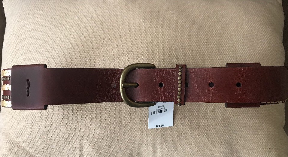 EXPRESS size MEDIUM Deep Brown Leather & Gold Sequin Brass buckle $69 NEW EXPRESS Leather Gold SEQUIN Brown BELT | eBay main image 3