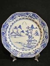 An 18thc Octagonal Shaped Chinese Export blue and White Plate, Hand Painted