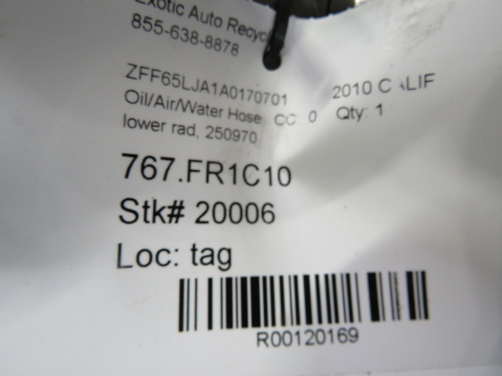 Ferrari California, Lower Radiator Hose, Used, P/N 250970
