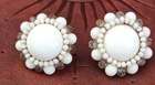 Vintage Earrings Japan Milk Glass Pearl like Crystals Beaded Cluster