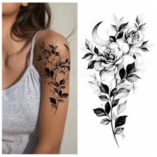 Black Flower Crescent Moon Temporary Tattoo Peony Camellia Hand Drawn Sketch