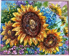  SUNFLOWERS ORIGINAL OIL Painting  impasto 10"x 8" by Olga Diduh.