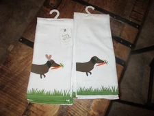 2 DACHSHUND Dog Bunny Ears Easter Carrot Grass Kitchen Towels NEW TAGS